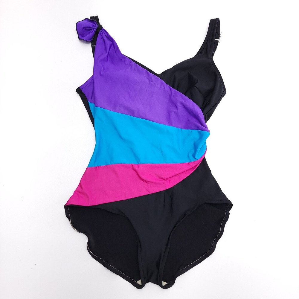 Vintage Roxanne Women's‎ Colorblock One Piece Swimsuit 14/36C Black Retro 80's